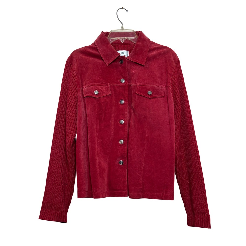 Lisa Suede Knit Jacket Womens Large Red y2k Shacket Layering Vintage Leather